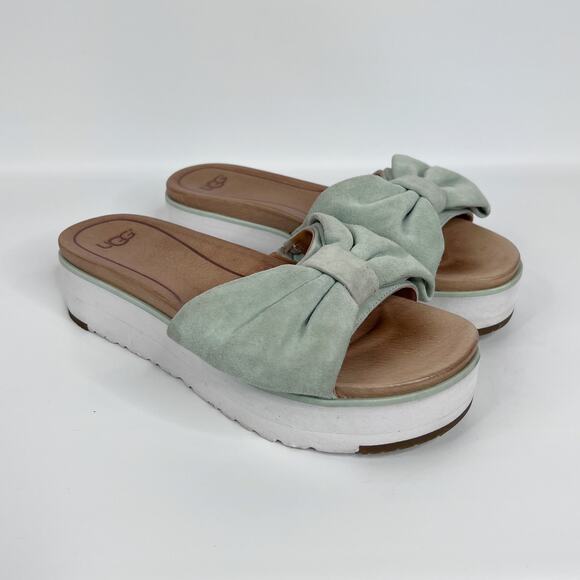 Ugg Joan Platform Slide Sandal Size 7 Aqua Blue Suede Bow Open Toe Comfort - Picture 1 of 10